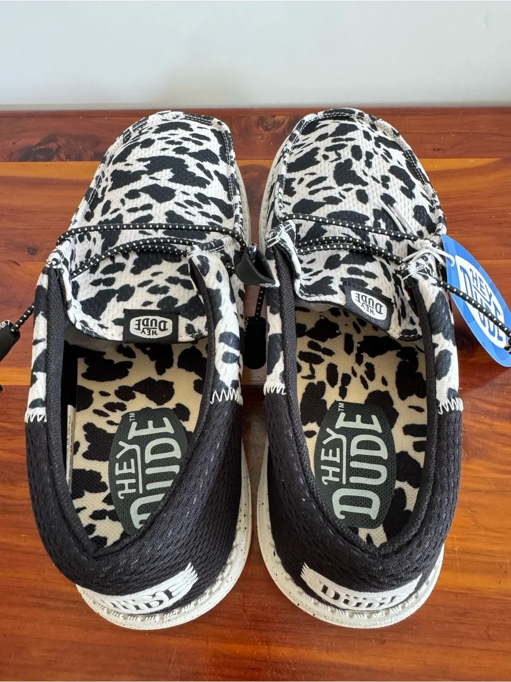 HEY DUDE Wally Funk Party Animal Men’s 10 Black White Cow Print NWT